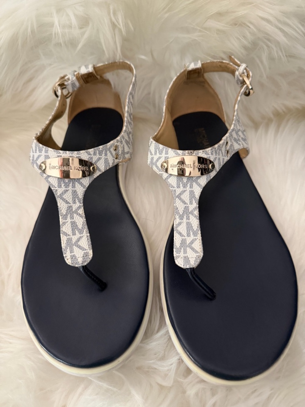 Michael Kors Navy Footbed White Logo Thong Sandals with Gold Accents